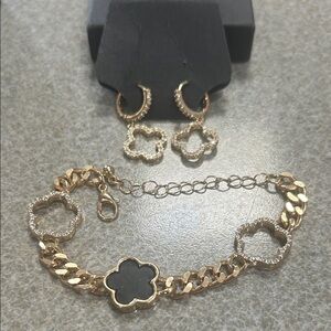 Gold Four-Leaf Clover Bracelet and Hoop Earrings Set - Elegant Women’s Jewelry